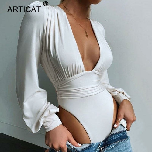 Deep V Neck Bodysuit Women Sexy Puff Sleeve Bodycon Jumpsuit