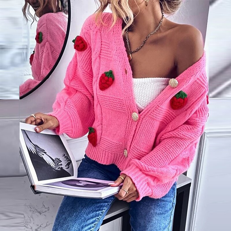 Single-breasted Knitted Coats Sweet Pink Cardigan Tops