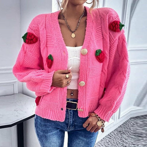 Single-breasted Knitted Coats Sweet Pink Cardigan Tops