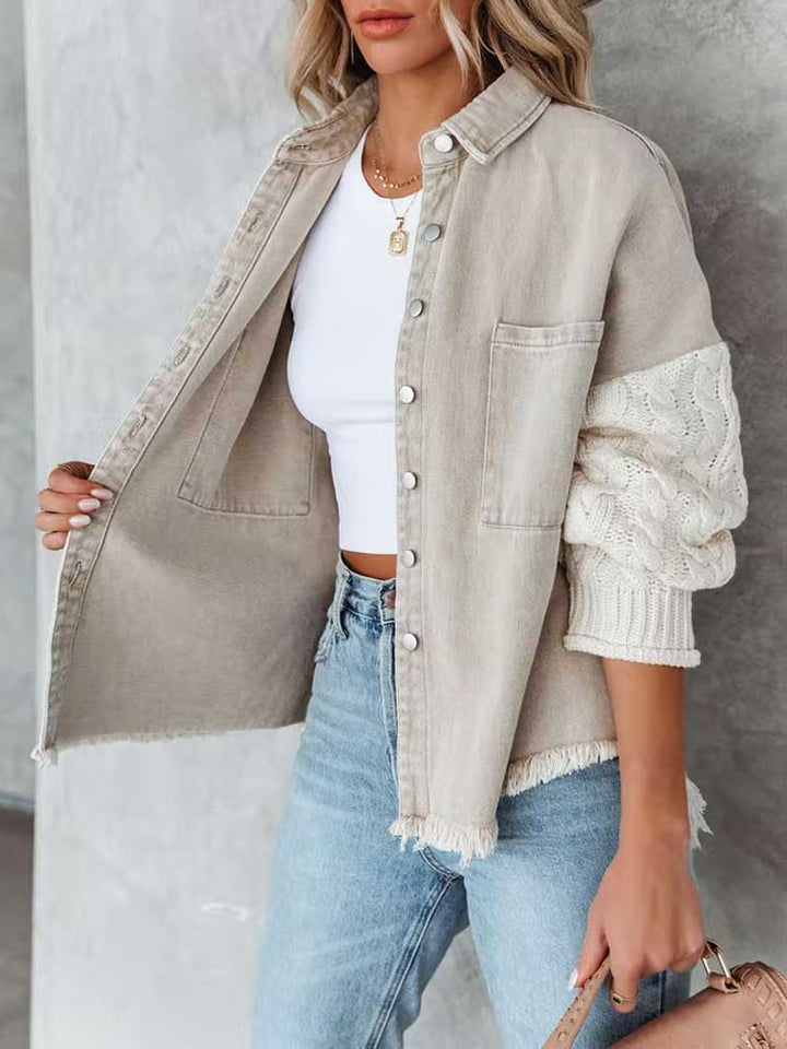 Cable Knit Sleeve Denim Jacket Button Up long sleeve Jean Jacket