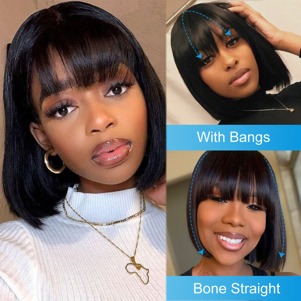 Brazilian Human Hair Wig With Bangs Remy Straight Hair Bob Wigs Full