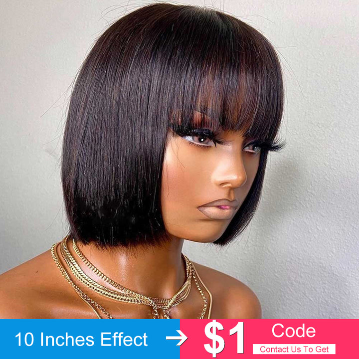 Brazilian Human Hair Wig With Bangs Remy Straight Hair Bob Wigs Full