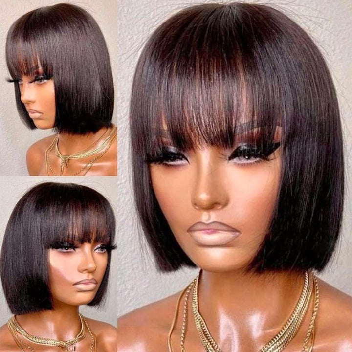 Brazilian Human Hair Wig With Bangs Remy Straight Hair Bob Wigs Full