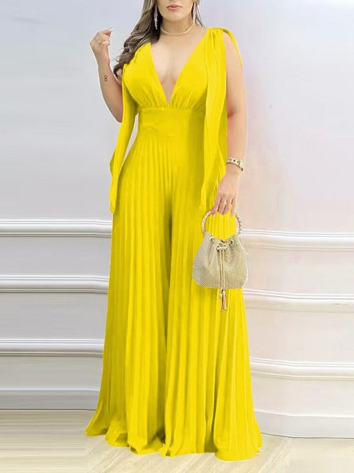 Deep V-Neck Pleated Wide Leg Jumpsuit