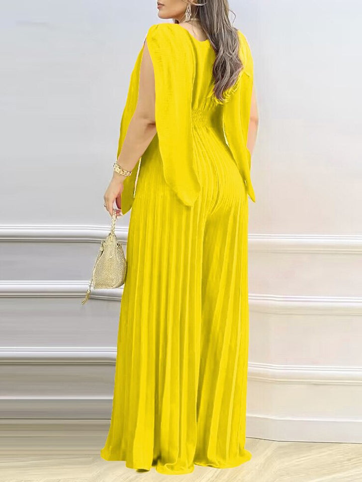 Deep V-Neck Pleated Wide Leg Jumpsuit