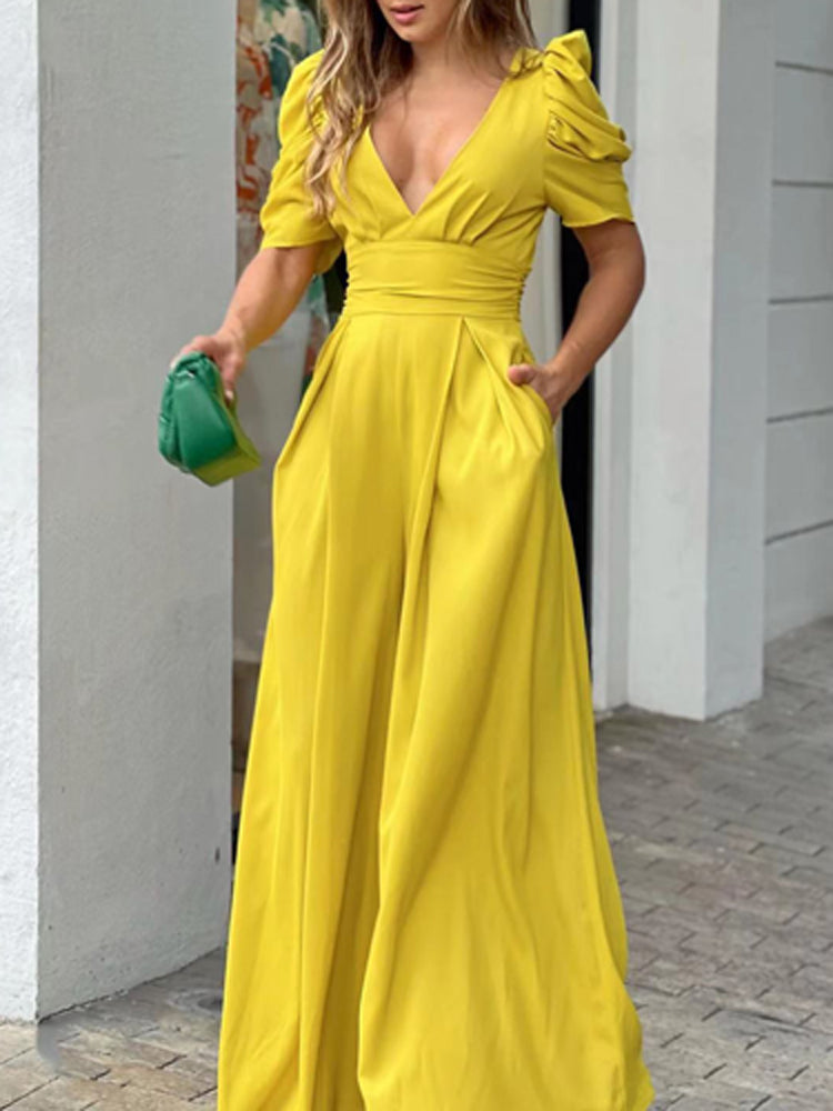 V Neck Short Sleeve High Waist Wide Leg Pant Jumpsuit