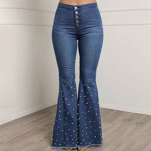 Solid Beading Flared Jeans High Waist Single-breasted Casual Denim