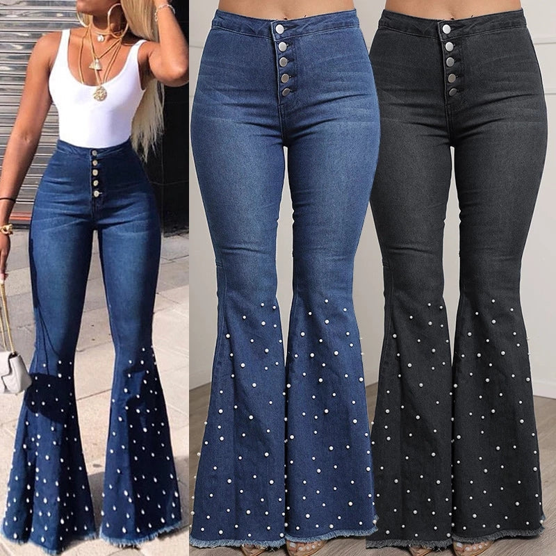 Solid Beading Flared Jeans High Waist Single-breasted Casual Denim