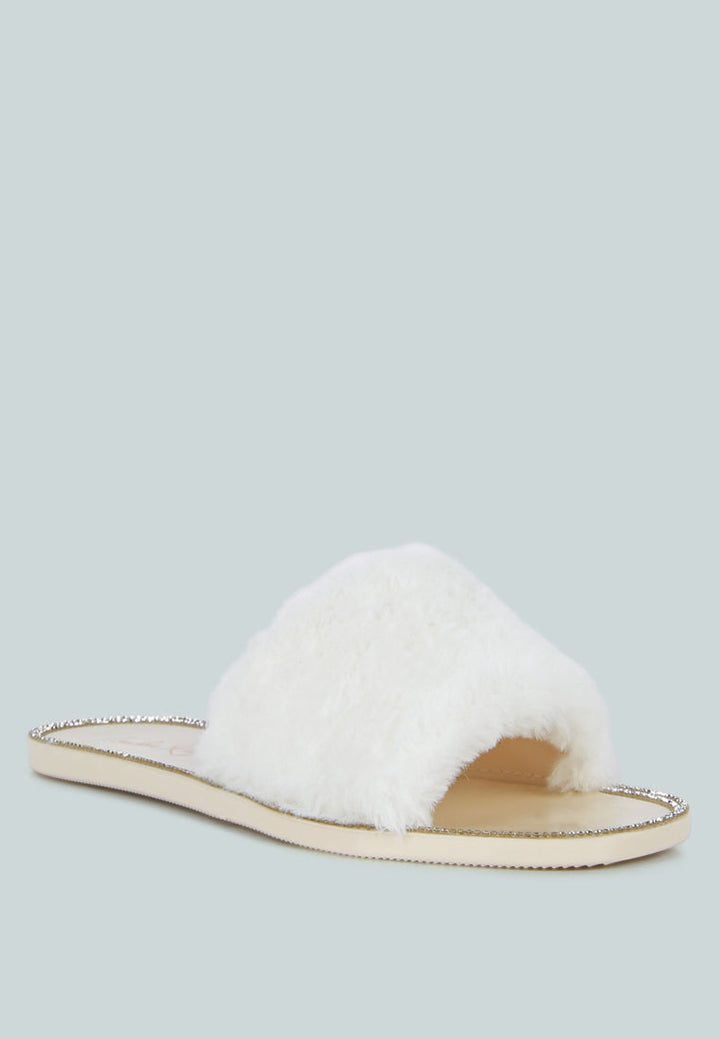 geese faux fur diamante detail jelly flats