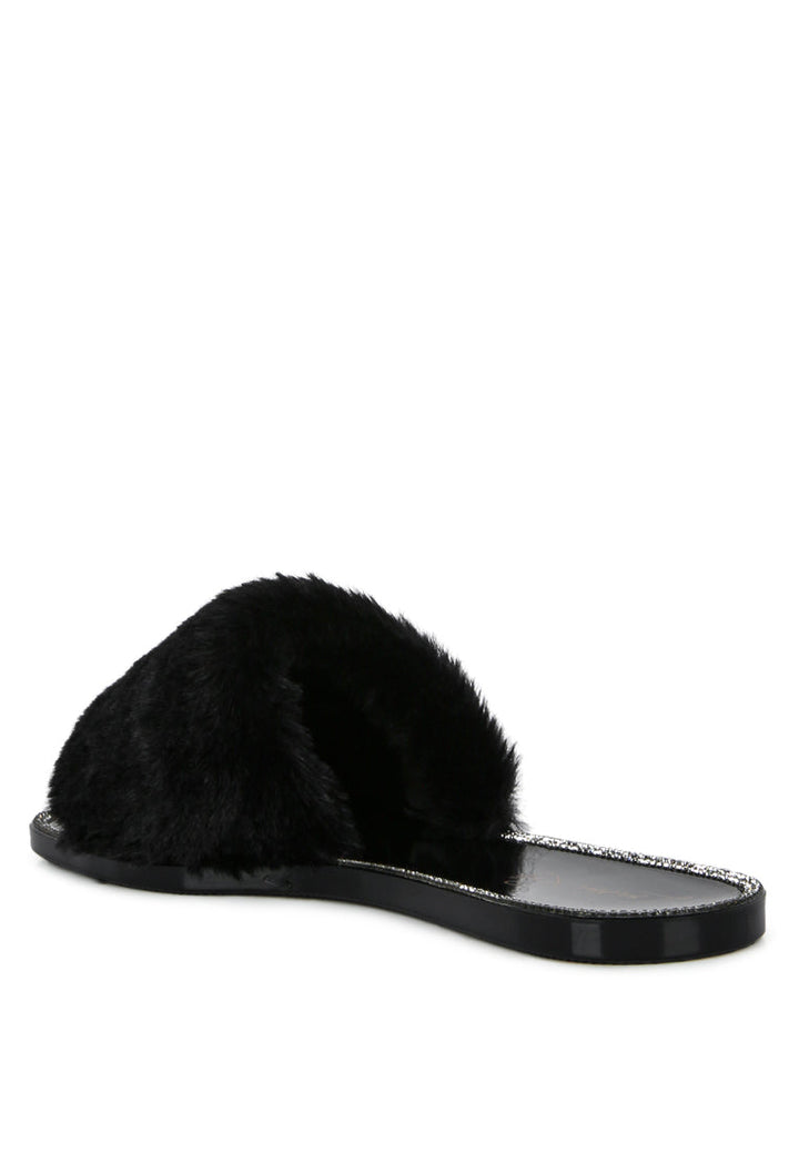 geese faux fur diamante detail jelly flats