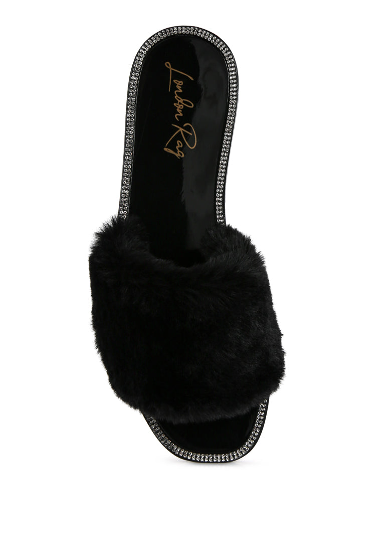 geese faux fur diamante detail jelly flats