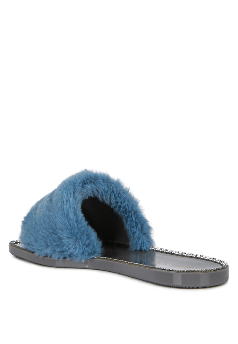 geese faux fur diamante detail jelly flats