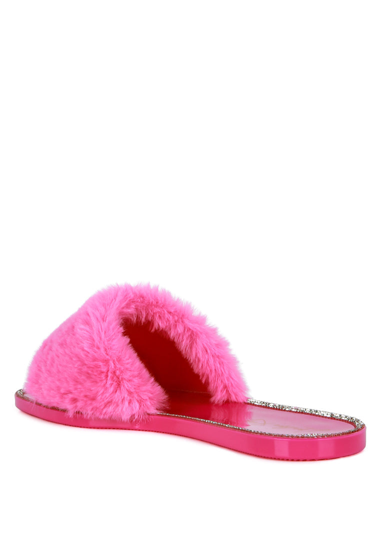 geese faux fur diamante detail jelly flats