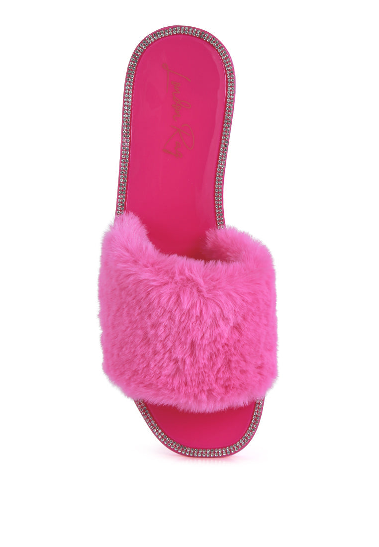 geese faux fur diamante detail jelly flats