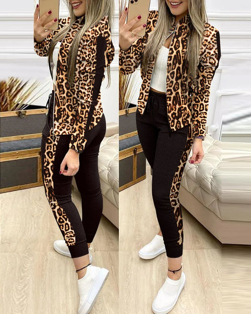 Spring Leisure Sports Zipper Tops Coat Pants 2 Two Pieces Sets For