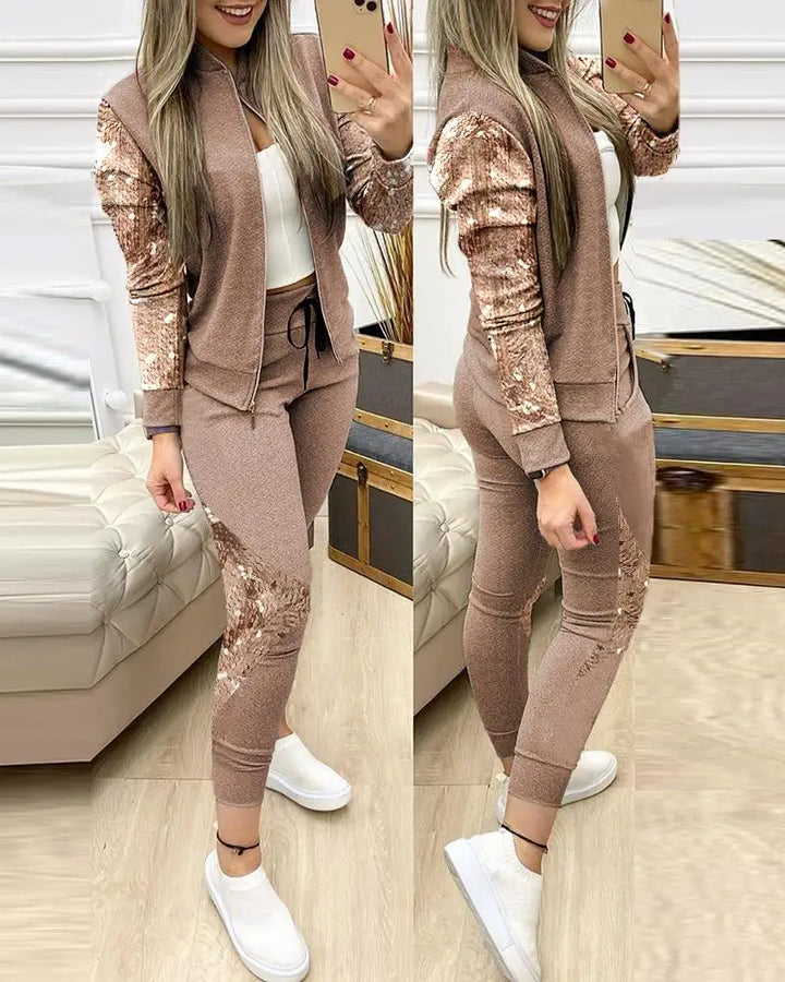 Spring Leisure Sports Zipper Tops Coat Pants 2 Two Pieces Sets For