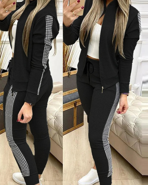 Spring Leisure Sports Zipper Tops Coat Pants 2 Two Pieces Sets For