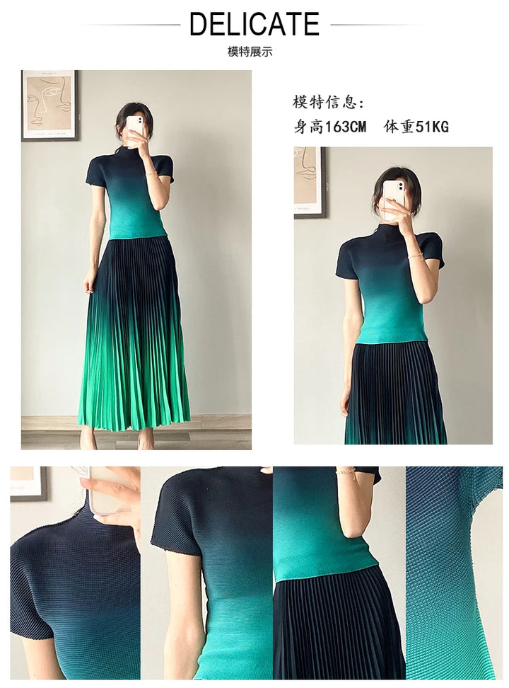 HOT SELLING Miyake fashion fold short sleeve turtleneck SlimT-shirt+