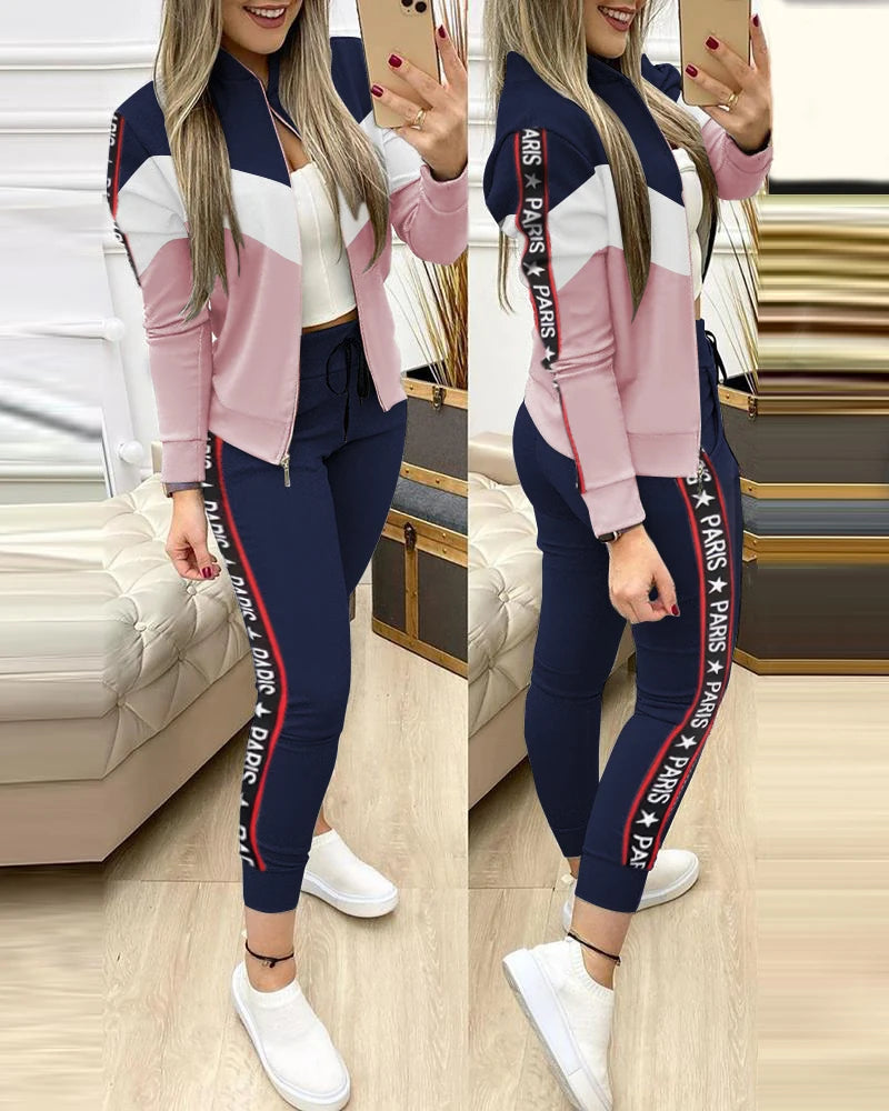 Spring Leisure Sports Zipper Tops Coat Pants 2 Two Pieces Sets For