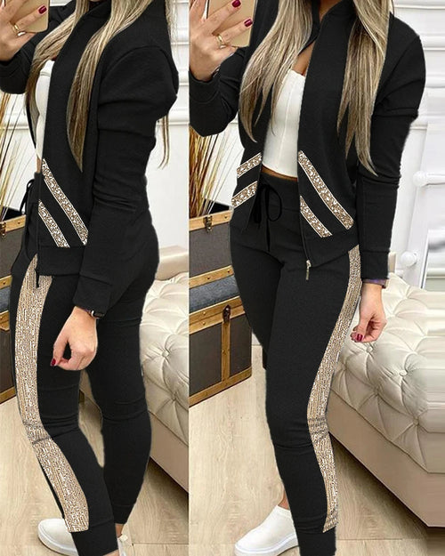 Spring Leisure Sports Zipper Tops Coat Pants 2 Two Pieces Sets For