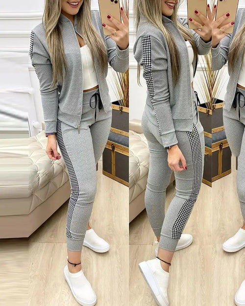 Spring Leisure Sports Zipper Tops Coat Pants 2 Two Pieces Sets For