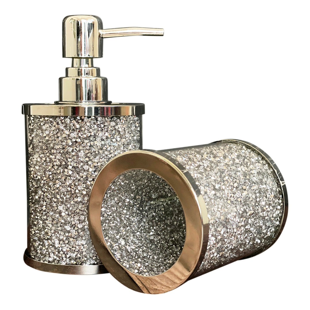 Soap Dispenser and Toothbrush Holder with Tray, Silver Crushed Diamond