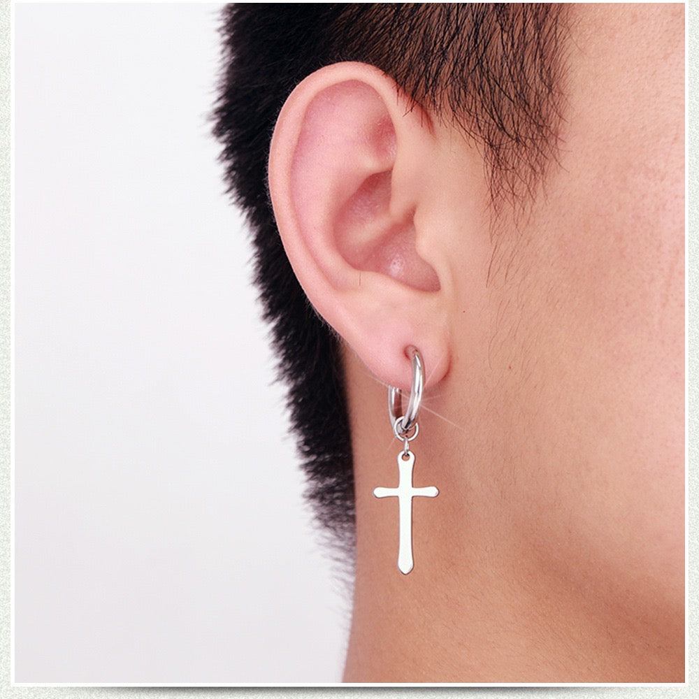 Punk Stainless Steel Hoop with Leaf and Cross Tassels Men's Earrings