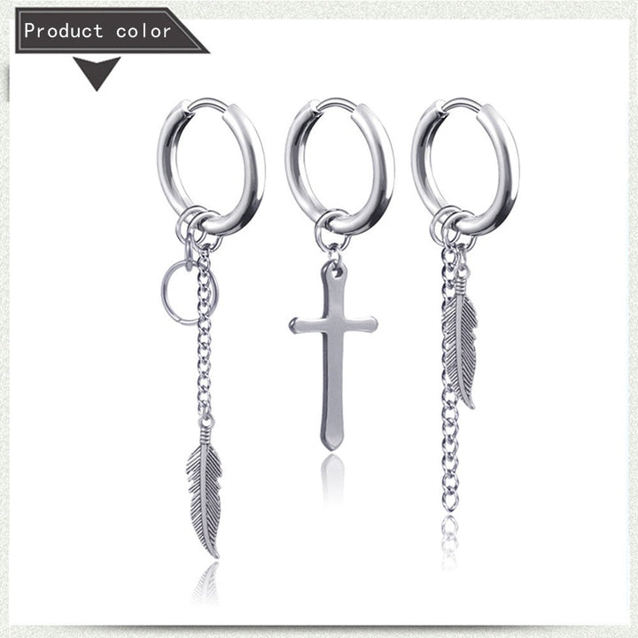 Punk Stainless Steel Hoop with Leaf and Cross Tassels Men's Earrings