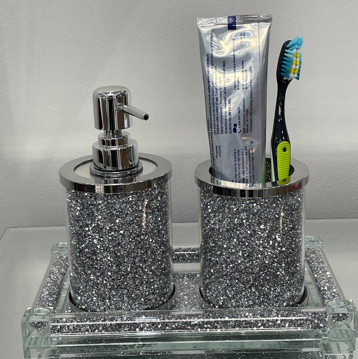 Soap Dispenser and Toothbrush Holder with Tray, Silver Crushed Diamond