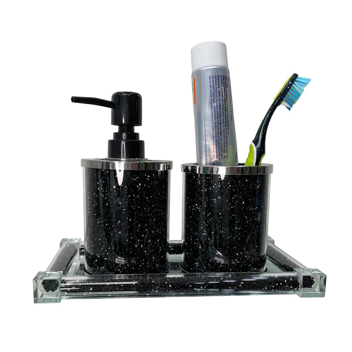 Soap Dispenser and Toothbrush Holder with Tray, Black Crushed Diamond