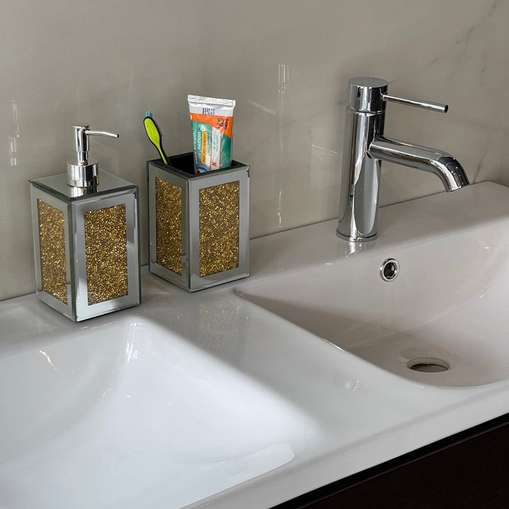 Square Soap Dispenser and Toothbrush Holder in Gift Box, Gold Crushed