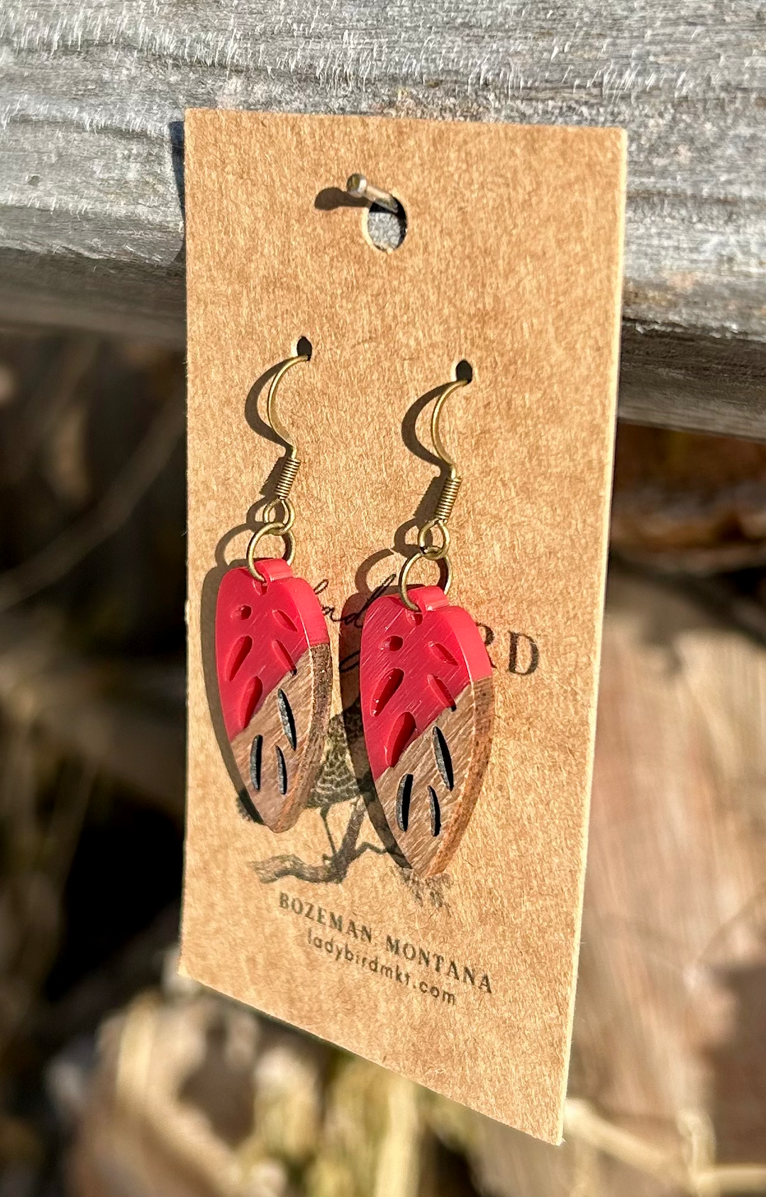 Walnut Wood & Bright Red Resin Leaf Earrings