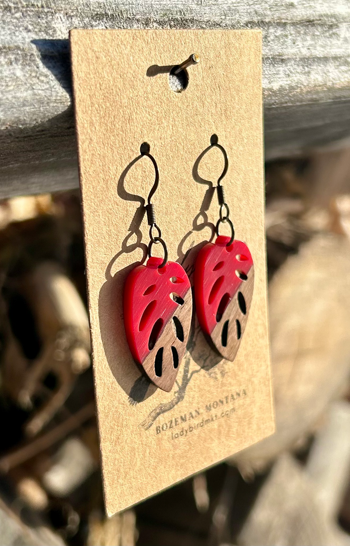 Walnut Wood & Bright Red Resin Leaf Earrings