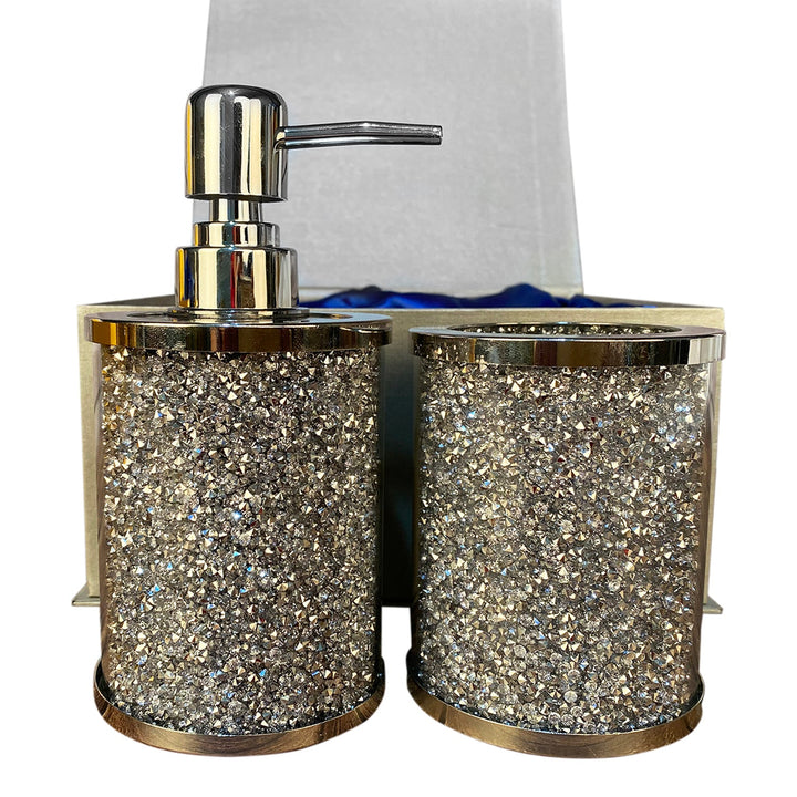 Soap Dispenser and Toothbrush Holder with Tray, Silver Crushed Diamond