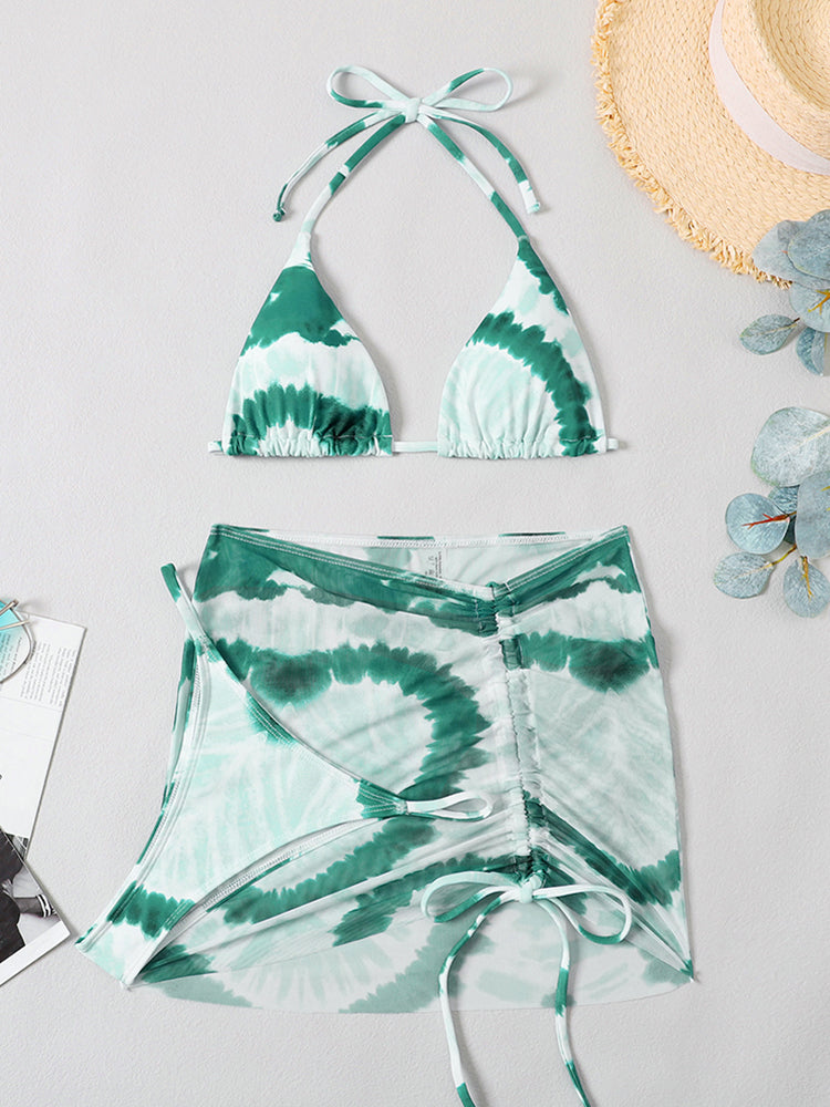 Tie Dye 3 Piece With Mesh Skirt Halter Swimwear