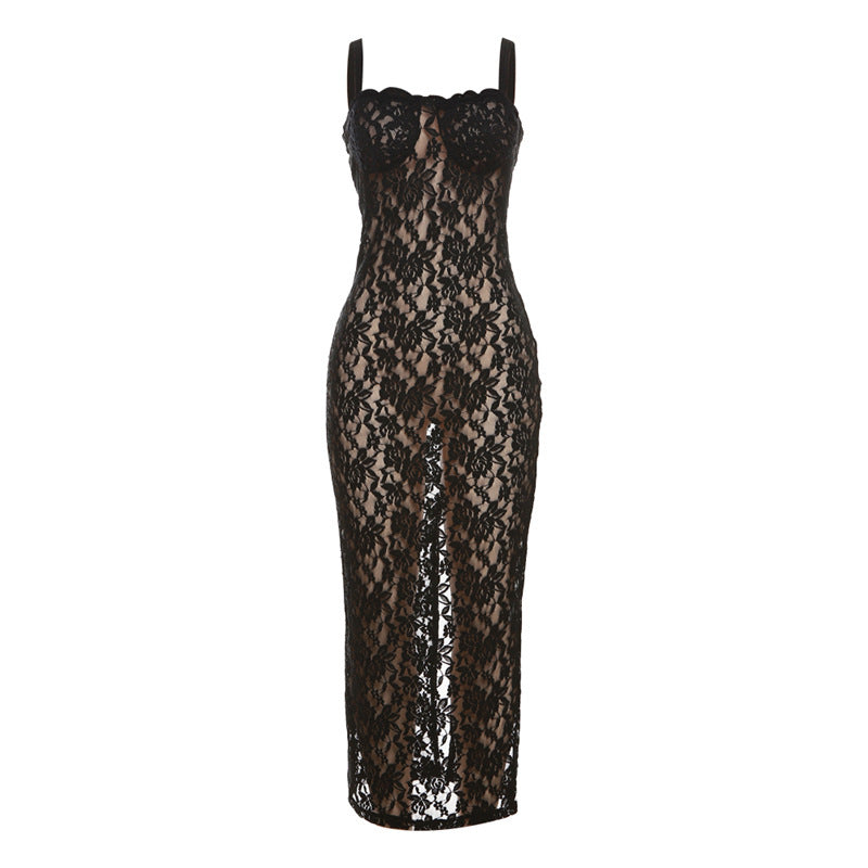 Fashionable Off-Shoulder Sexy Perspective Lace Slim Fit Dress