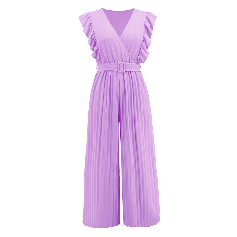 High Waist Sleeveless V-neck Pleated Wide Leg Jumpsuit