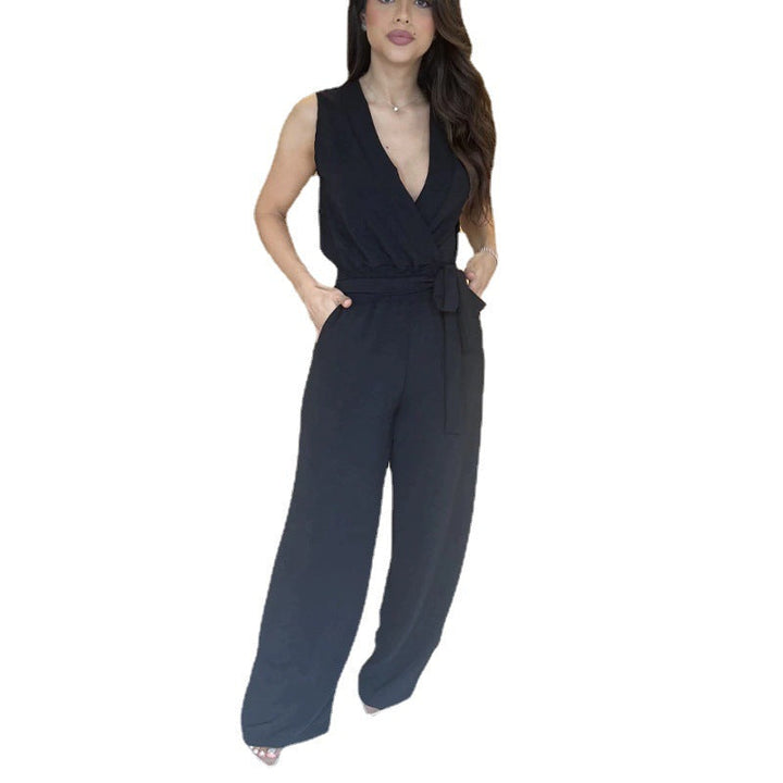 V-Neck Sleeveless Tie Waist High Waist Wide Leg Jumpsuit