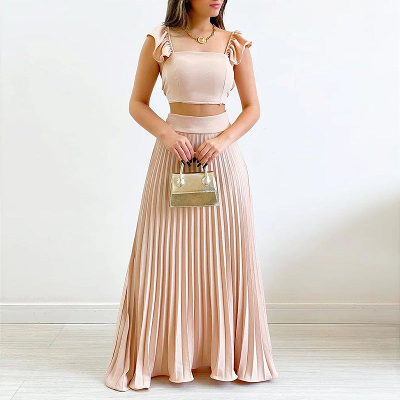 Solid Color Crop Top and Pleated Midi Skirt Set