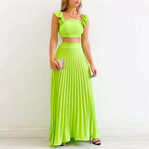 Solid Color Crop Top and Pleated Midi Skirt Set