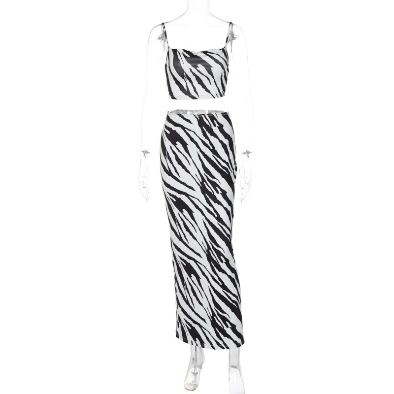 Printed Strapless Halter Top Slim-fit Skirt Suit