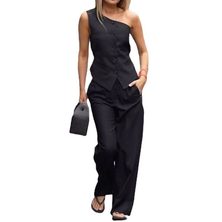 Sleeveless High Waist Straight Pants Casual Suit