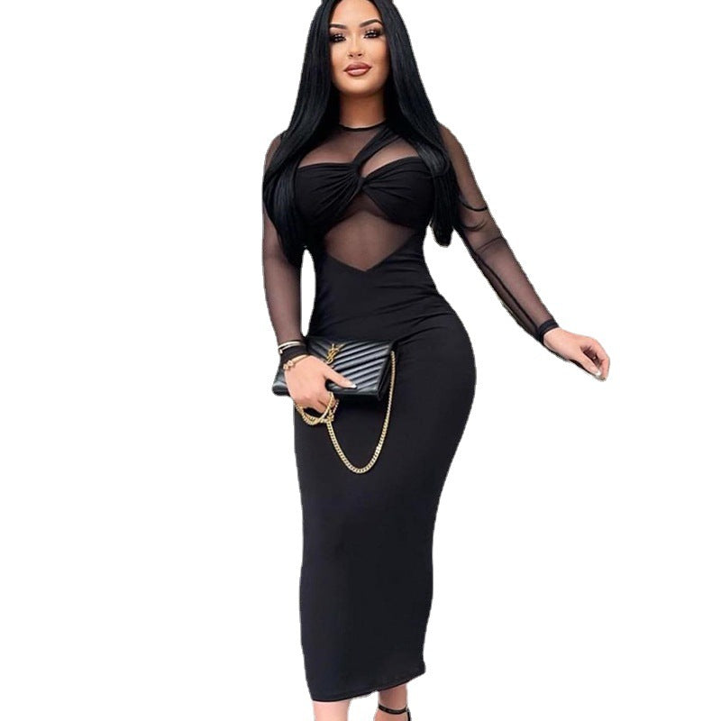 "Mesh Splice Long Sleeve Midi Bodycon Dress