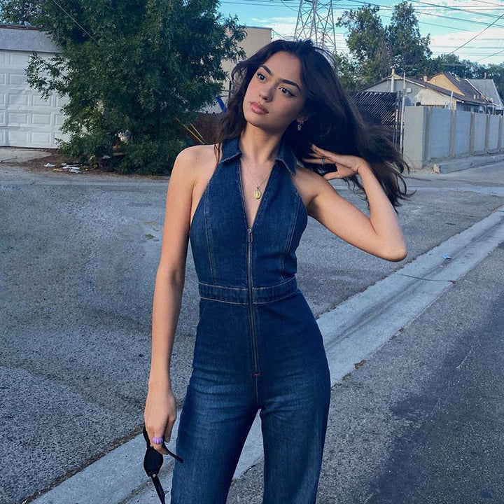 high waist denim jumpsuit