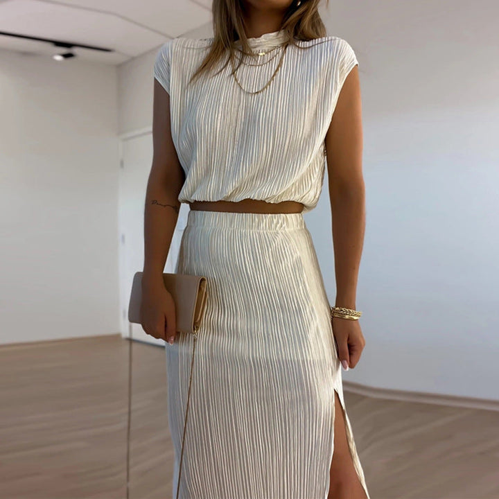 High Neck Pleated Short Sleeve Shirt with High Slit Midi Skirt Set