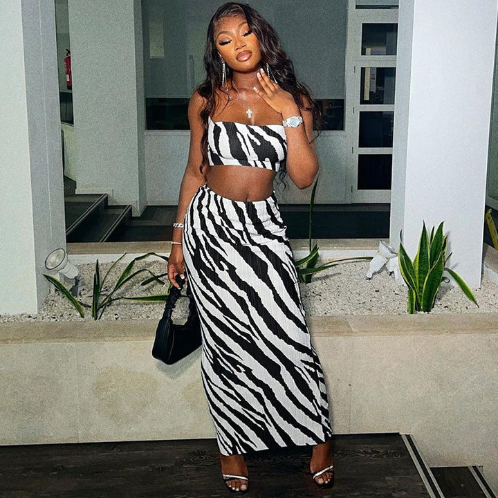 Printed Strapless Halter Top Slim-fit Skirt Suit