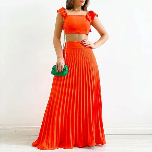 Solid Color Crop Top and Pleated Midi Skirt Set