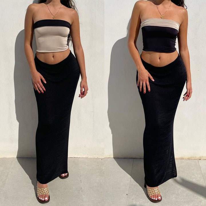 Two-Tone Reversible Halter Top with High Slit Skirt