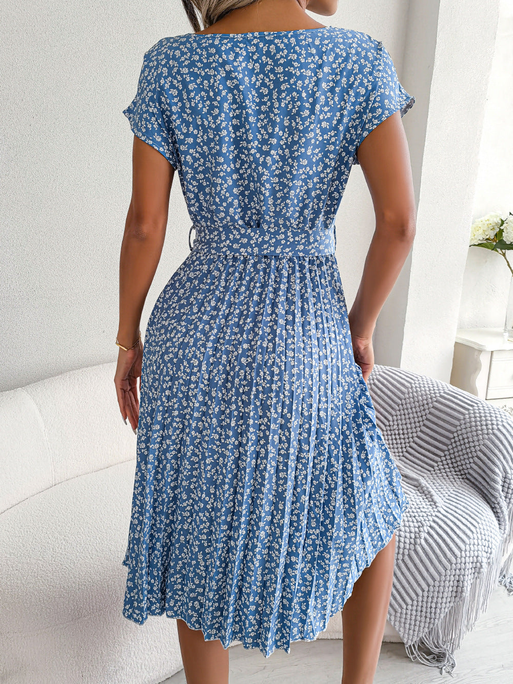 Casual Short-sleeved Floral Pleated Dress