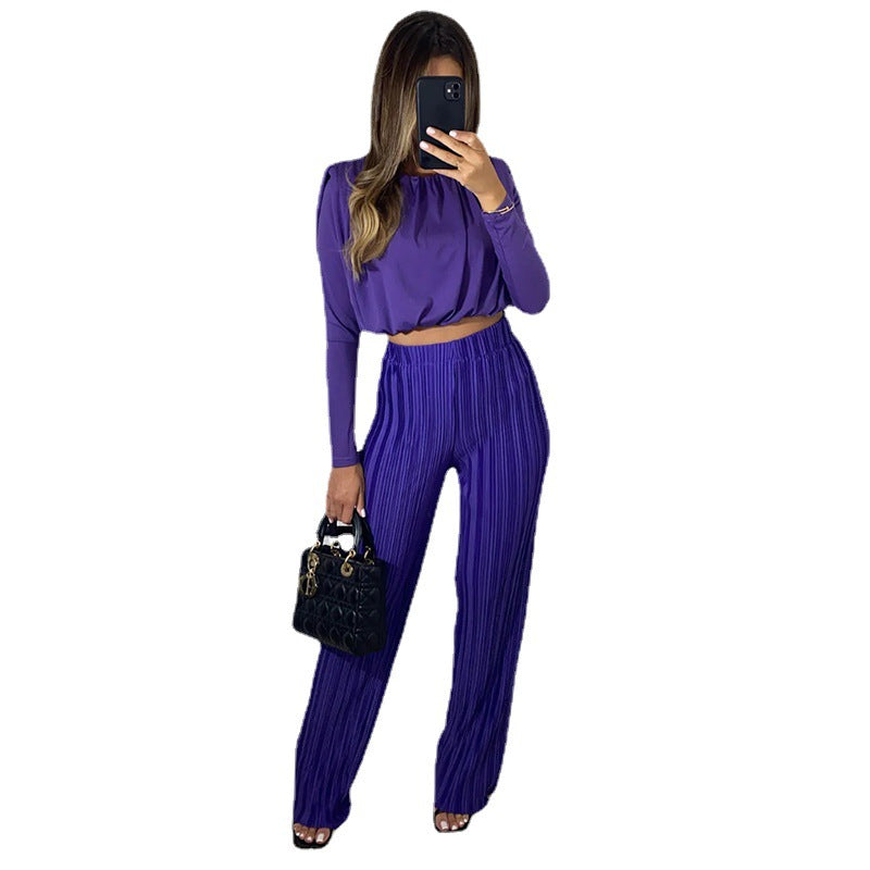 pleated High Waist Casual Pants Set with Round Neck Short Sleeve Top